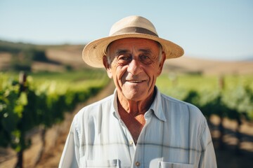 Wall Mural - Portrait of happy senior man in straw hat standing in vineyard
