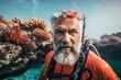 Portrait of senior man with long white beard in orange life jacket and diving mask on sea background