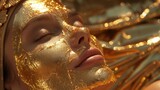 Fototapeta  - Gold face mask application, girl reclining gold face mask on skin, beauty products, skincare.