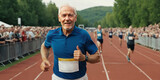 Fototapeta  - A smiling elderly man leads an active lifestyle and participates in a running marathon. Happy old age and retirement concept. Healthy lifestyle. AI generated.