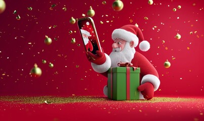 Wall Mural - 3d render. Cartoon character Santa Claus hand appears from the mobile phone screen and holds green gift box, festive ornaments levitate. Christmas animation with red background and golden,GenerativeAI