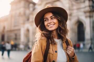 Portrait of a smiling young woman in hat walking in the city