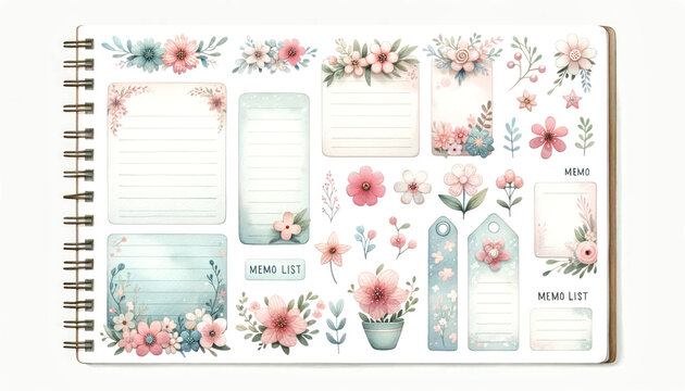 watercolor memo list items with cute floral designs in shades of blue, isolated on a white background, suitable for organization and scrapbooki