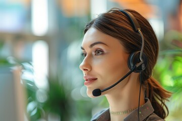 Poster - An image of a young woman in a modern office using a headset in thanks for calling our customer care line.