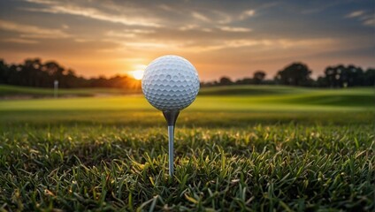 Golf ball on green grass with beautiful sunset in the background.