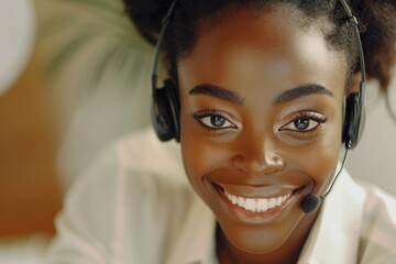 Poster - Black woman, call center and portrait with headphones for consulting, telemarketing, or working remotely at home. Image of black, happy African woman, consultant, or agent, using a headset for online