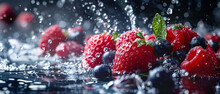Fresh strawberries and blueberries with splashing water and mint leaves on a reflective surface, highlighting freshness and vitality with a dark background.