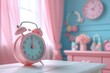 In the bedroom, a pink alarm clock. Generative Ai.