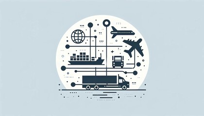 Graphic design of global logistics network showcasing different modes of transport like airplane, ship, and truck connected by dotted lines on a simple background.Logistics concept.AI generated.