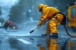 A worker in a yellow rain suit uses a high-pressure water fed pole to clean a wet urban street, with droplets sparkling around.