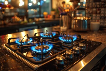 A detailed look at a stainless steel gas stove burner with intense blue flames, indicating high heat output.