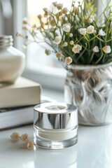 Wall Mural - Jar of cream and flowers on windowsill, closeup. Beauty treatment