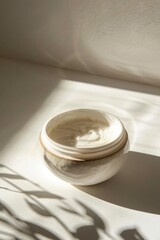 Wall Mural - Jar of moisturizing face cream on white background with shadows and sunlight.