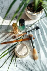 Wall Mural - Composition with cosmetic products and palm leaves on white table, closeup