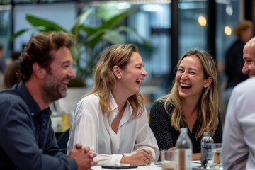 Poster - During a staff meeting, a group of happy businessmen is smiling cheerfully. A multicultural business team working together.