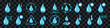 Set of water drops icons. Icons: water level, water recycling, dry air, humidity or steam, waterproof. No water. Cold and hot water temperature and more