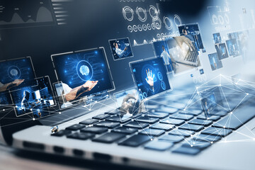 Poster - Virtual networking concept with screens showing content creation and media streaming on a laptop