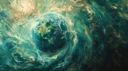 Wall Mural - Environmental planet orbit, Through the cosmic dance, a verdant planet orbits peacefully, embraced by celestial light and swirling nebulae
