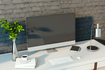 Poster - Creative designer desktop with empty computer monitor, lamp, supplies and other items. Black brick wall background. Mock up, 3D Rendering.