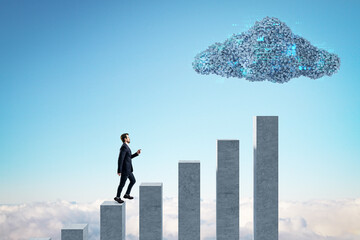 Poster - Businessman on concrete chart bars under abstract digital cloud with programming language on bright sky background. Digital storage, financial growth, database, network and technology concept.