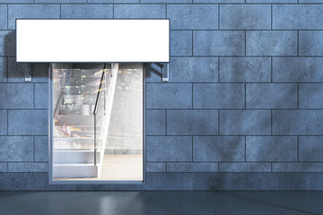 Poster - Contemporary nighttime glass storefront in concrete tile building with empty white mock up stopper and tree shadows. 3D Rendering.