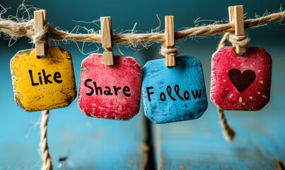 Poster - Engagement concept with Like, Share, Follow speech bubbles pinned on a string against a soft blue background, representing social media interaction and online community engagement