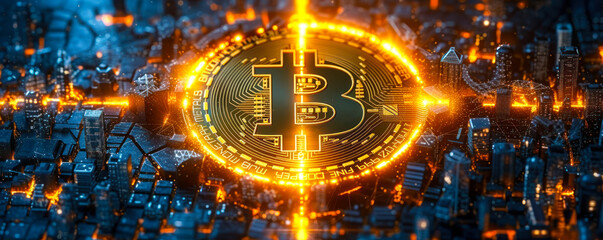 Poster - illuminated bitcoin symbol signifying the 2024 btc halving event within a digital cyber cityscape, r