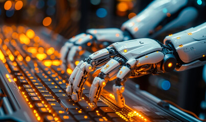 Poster - Futuristic robotic arms engaged in cyber operations, typing rapidly on an illuminated keyboard, symbolizing advanced artificial intelligence technology
