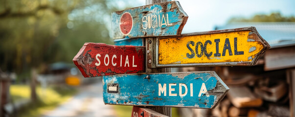 Poster - A multi directional signpost with colorful social media and communication icons representing various online and digital interaction platforms