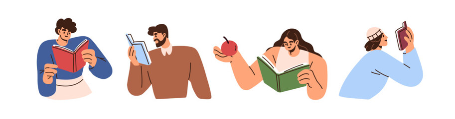 Poster - Men, women readers with books set. Characters reading interesting literature. Students, studying, learning. Excited people with novels. Flat graphic vector illustrations isolated on white background