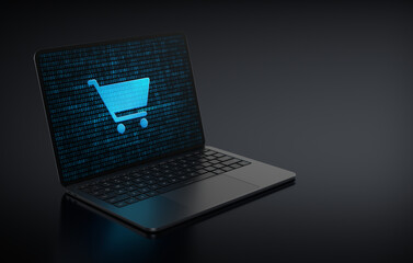Wall Mural - Laptop device in the left side positioned diagonally with Shopping cart icon in screen on a dark background. Realistic rendering.