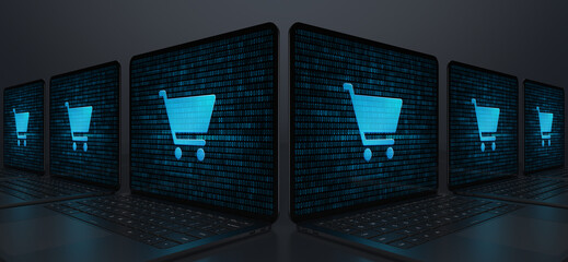 Wall Mural - Laptop devices forming an angle with a Shopping cart icon on their screens on a dark background. Realistic rendering.
