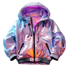 Wall Mural - Colorful Holographic Chrome Jacket Isolated on White Background. Iridescent Metallic Hoodie