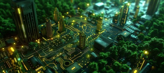 Wall Mural - lighted electrical circuit board showing trees and cities