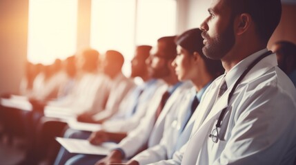 Wall Mural - A group of young doctors, students, wearing a white lab coat, are sitting and listening to a lecture in a conference room. Medicine, Science, New treatment methods concepts.