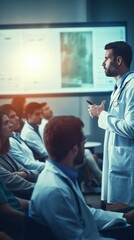Poster - An experienced professional doctor conducts a seminar for doctors and students in the conference room of the clinic. Consultation of doctors, Medicine, Science, New methods of treatment.