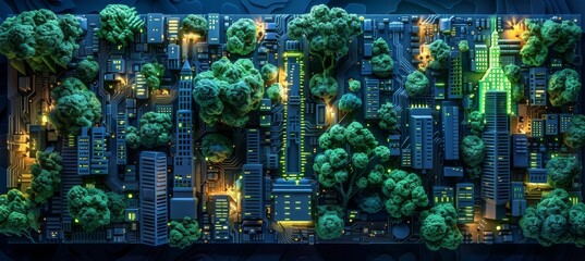 Poster - lighted electrical circuit board showing trees and cities