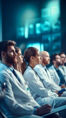 Poster - A group of doctors are listening to a seminar in the conference room of the hospital. Consultation of doctors, Medicine, Science, New methods of treatment concepts.