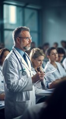 Poster - A conference, a consultation of doctors wearing a white lab coat in the lecture hall. Medicine, Science, New methods of treatment, Profession Therapist, Neurologist, Orthopedist concepts.
