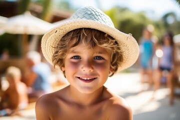 Wall Mural - Portrait of cute little boy in straw hat on the beach.