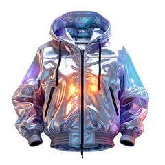 Wall Mural - Colorful Holographic Chrome Jacket Isolated on White Background. Iridescent Metallic Hoodie