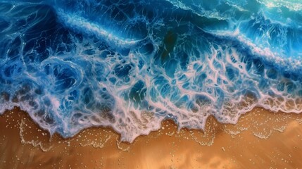Poster - This aerial photo captures the mesmerizing sight of blue waves gently sweeping over a radiant beach.