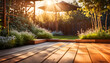 Hintergrund Holz Fläche für Produkte Terasse Vorlage Untergrund mit Stein und Pflanzen grün mit Sonne Strahlen Schein Licht Reflektion ruhig sommerlich sommer umwelt- garten- park Landschaft Blumen