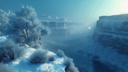  A wintry scene featuring snow-covered trees and a river flowing through the landscape.