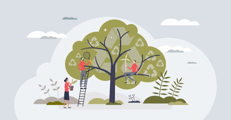 Wall Mural - Environmental science study for sustainable future energy tiny person concept. New recycling methods research for nature friendly electricity vector illustration. Save ecosystem with forestation.