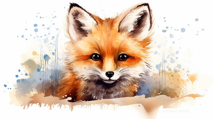 Wall Mural - Cunning red fox, an eared predator, a wild beast in colored splashes of watercolor paints