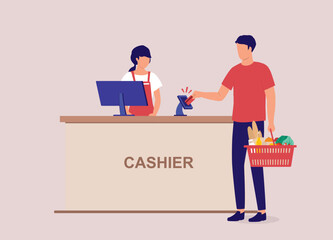 Wall Mural - Man Customer With Groceries Paying With Credit Card. Lady Cashier With Apron Serving Customer At Checkout Counter. Full Length. Flat Design.