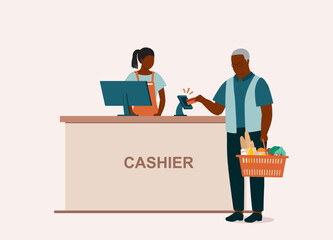 Wall Mural - Black Elderly Man Customer With Groceries Paying With Credit Card. Lady Cashier With Apron Serving Customer At Checkout Counter. Full Length. Flat Design.