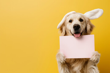 Wall Mural - Happy Golden Retriever dog with bunny ears headband holds a blank sign mock-up, template for Easter greetings, vibrant yellow background with copy space for text