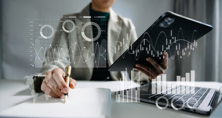 Wall Mural - data management system with business analytics concept. business hands working with provide informat